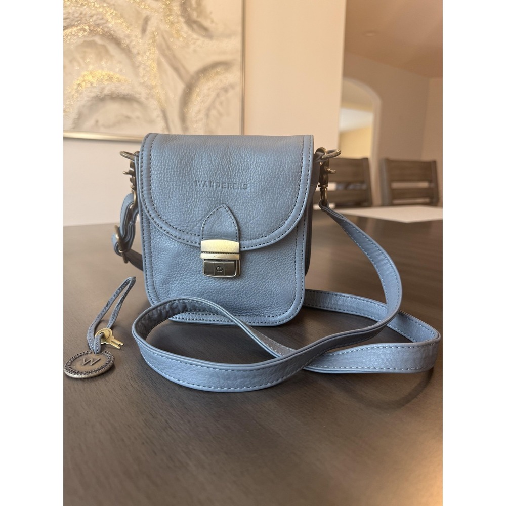 Wanderers Crossbody Bag Womens Gray Leather Adjustable Strap Push Lock Purse - Picture 12 of 16